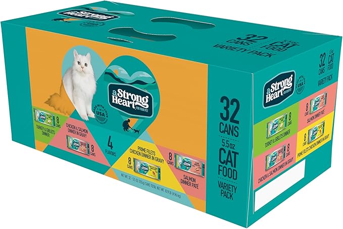 A Strong Heart Canned Wet Cat Food, Dinner Variety Pack - 5.5 oz Cans (Pack of 32), Made in The USA with Real Chicken, Turkey & Salmon-PurrikoPets