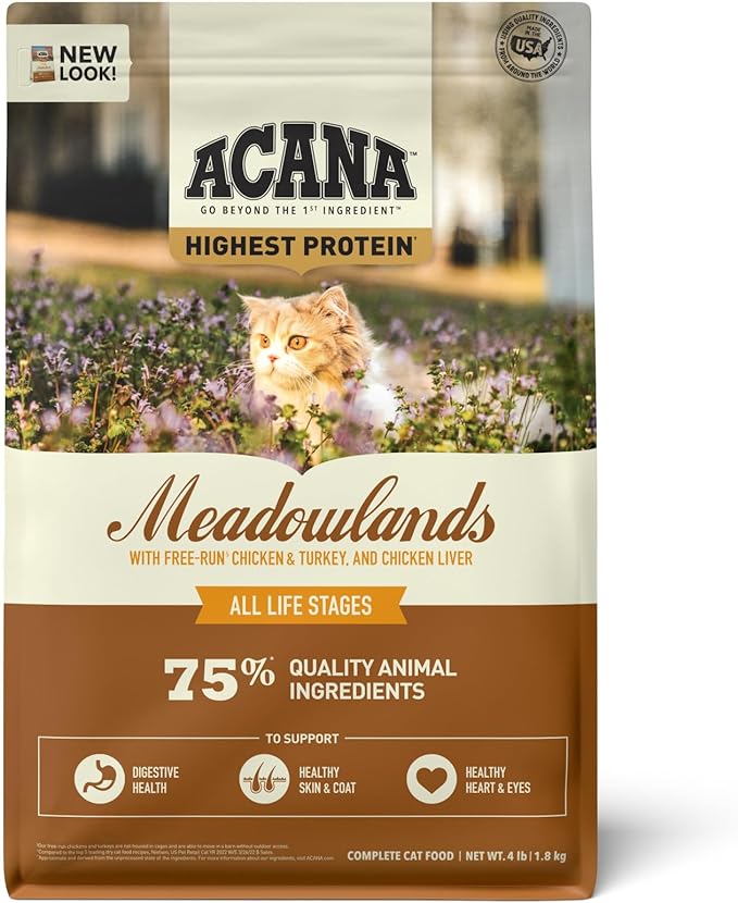 ACANA Highest Protein Meadowlands Grain-Free Dry Cat Food, Free-Run Chicken and Turkey and Chicken Liver Cat Food Recipe, 4lb-PurrikoPets