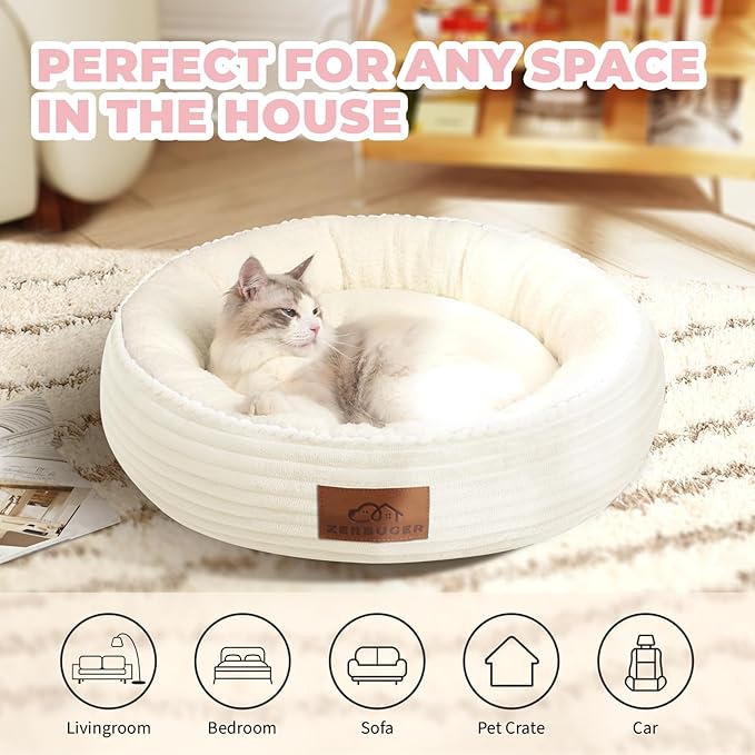 20in Cream Round Cat Dog Bed Gift for Large Medium Small Dogs Cats, Machine Washable Sleeping Sofa, Non-Slip Bottom Breathable Soft Calming Pet Cuddler for Indoor/Outdoor/Car/Cage-PurrikoPets