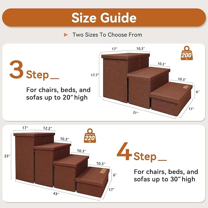 Dog Stairs with Storage 18" H, 3-Step Wider Dog Steps for Small/Medium/Large Old Dogs Cats, Folding Sturdy Pet Stairs Climbing Bed Couch, Ramp for Car Hold Up to 200 lbs (Brown, No Condo)-PurrikoPets