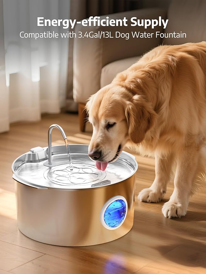 3.4Gal Dog Water Fountain for Large Dogs, Extra Large Stainless Steel Pet Water Fountain, Round Dog Water Bowl Dispenser with Metal Handle, Water Level Window for Multi Pet Home(Water Pump)-PurrikoPets