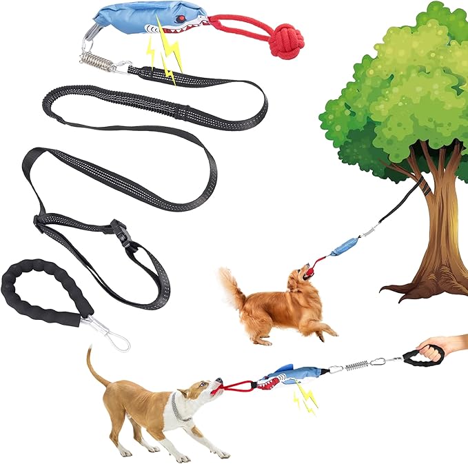 Dog Tree Tug of War Toy with Handles,Tethered Tug of War Outdoor Toy with Squeaky Self Play for Aggressive Chewers, Durable Bungee Cord with Chew Ball-PurrikoPets