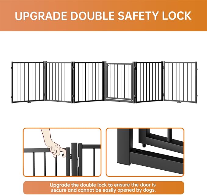 Full Metal Freestanding Dog Gate with Door, 24'' Height Foldable Pet Dog Fence for Indoor & Outdoor, 6 Panels Extra Wide Free Standing SmallDog Gates for Doorways,House,Stairs,Porch,Deck,Yard-PurrikoPets