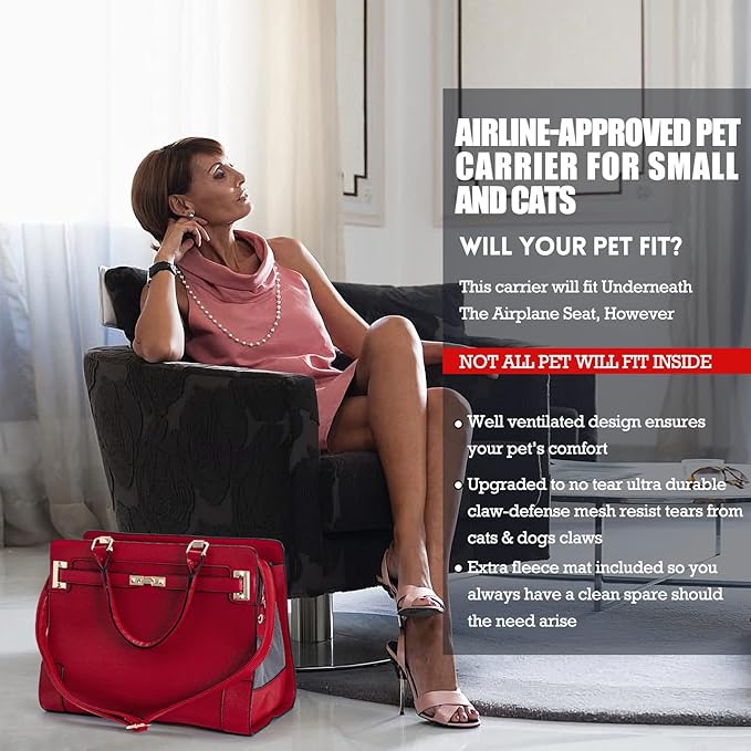 Fashion Pet Carrier Dog Cat Carrier Purse Soft-Sided Leather Handbag Pet Tote Bag for Small Dogs Puppy and Cats TSA Airline Approved (Red)-PurrikoPets