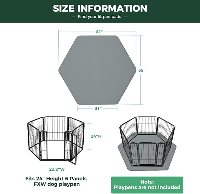 FXW Washable Pee Pads for Dogs, Puppy Pads with Super Absorbent, Specifically Designed for FXW Rollick/Homeplus 24inch 6 Panels Dog Playpen, 31" Hexagon, Gray, 1 Pack-PurrikoPets