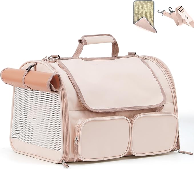 FUKUMARU Cat Carrier, 4 Mesh Windows Small Dog Carrier, 4 Storage Pockets Cat Travel Bag, Under 15 lb Airline Approved Pet Carrier, Rollable Cover for Nervous Cats, Pink-PurrikoPets