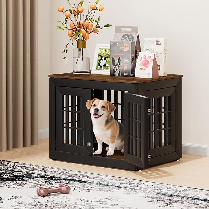 32" Heavy Duty Dog Crate Furniture for Small,Medium and Large Dogs,Rustic Wooden Dog Cage Kennel Indoor Furniture with Waterproof Top,Decorative Pet House Side End Table (Black & Wood)-PurrikoPets