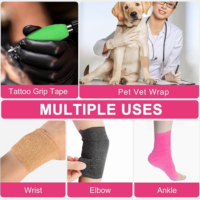 24 Pack Pink Self Adhesive Bandage Wrap, 2” x 5 Yards Cohesive Vet Wrap Elastic Athletic Tape Grip Tape Sports Tape for Ankle, Wrist Sprains, Medical, Pet First Aid (Pink, 2 Inch)-PurrikoPets