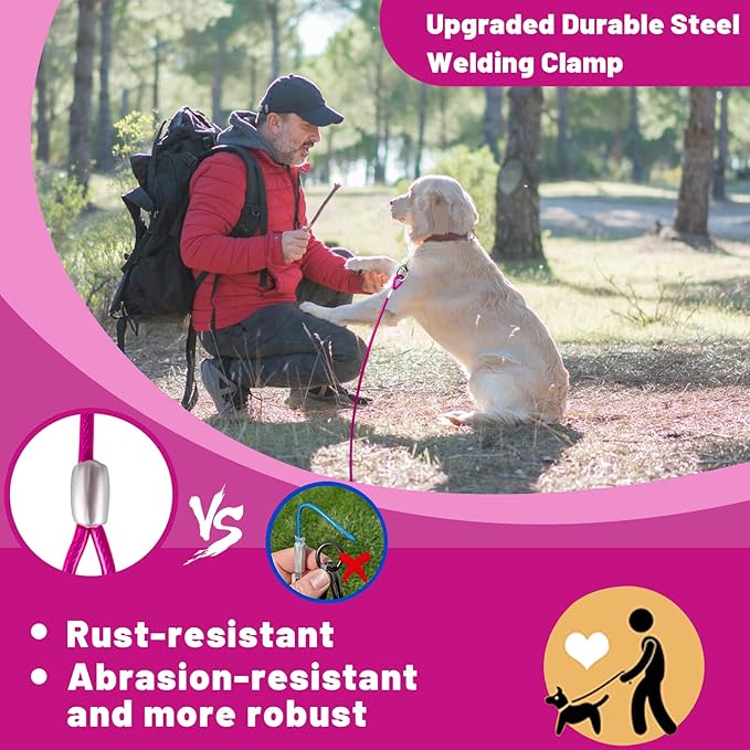 Dog Tie Out Cable 10/15/20/25/30 FT Runner for Yard Steel Wire Cable with Durable Superior Clips Pink Chains for Outside Dog Lead for Large Up to 165 Lbs-PurrikoPets