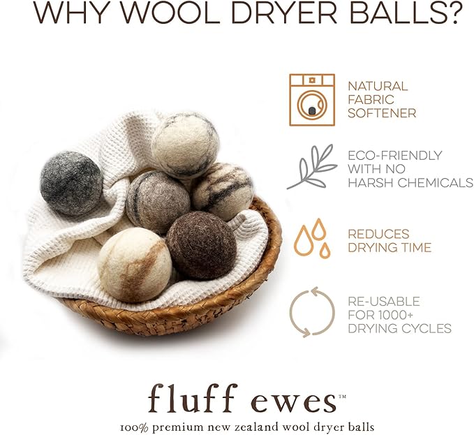 Fluff Ewes Wool Dryer Balls 6 Pack Premium New Zealand Wool Laundry Balls for Dryer, No Static Dryer Balls Laundry Reusable Cute, XL Wool Dryer Balls Cute, Baby Dryer Balls for Dryers - Marble-PurrikoPets