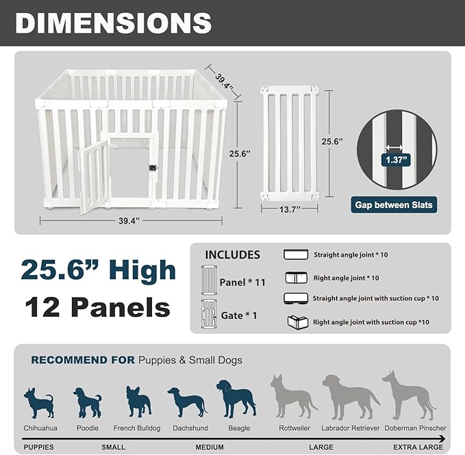 Dog Playpen with Door, 12 Panels Puppy Playpen, 25.6” H Dog Pen for Small Cats and Dogs, Pet Fence for Indoor & Outdoor, Non-Slip Pet Gate Made of Strong Plastic, White-PurrikoPets