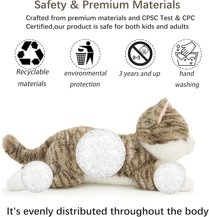 19 inch 3 lbs Cat Weighted Stuffed Animals, Realistic Weighted Cat Stuffed Animal, Sensory Comfort Plush Throw Pillow, Soft Kawaii Stuffed Kitty Plush Toy Gift for Adults Kids Youth-PurrikoPets