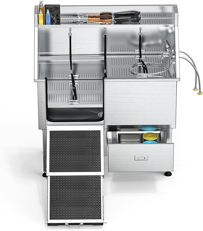 DWVO Professional Dog Bathing Station Stainless Steel 304 Pet Bathtub, 50in Dog Grooming Tub w/Right Door Ramp, 2 Storage Drawers, Grate, Pet Washing Station for Large, Medium, Small Pets-PurrikoPets