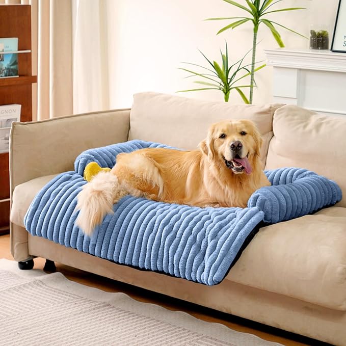FUNNY FUZZY Pet Couch Cover for Sofa, Calming Dog Bed for Couch, Fluffy Plush Dog Couch Mat for Furniture Protector for Large Medium Small Pets, 47×37 in, Blue-PurrikoPets