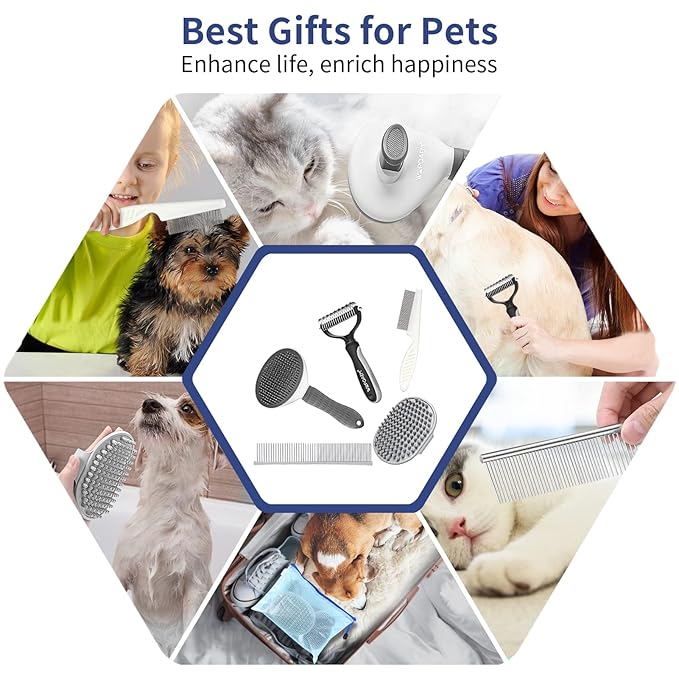 5 in 1 Dog Grooming Kit - Self-Cleaning Slicker Brush for Shedding Short Long Haired Dogs & Cats, Includes Pet Comb, Flea Comb, Bath Brush, Undercoat Rake - Complete Fur Care Set - Gray-PurrikoPets