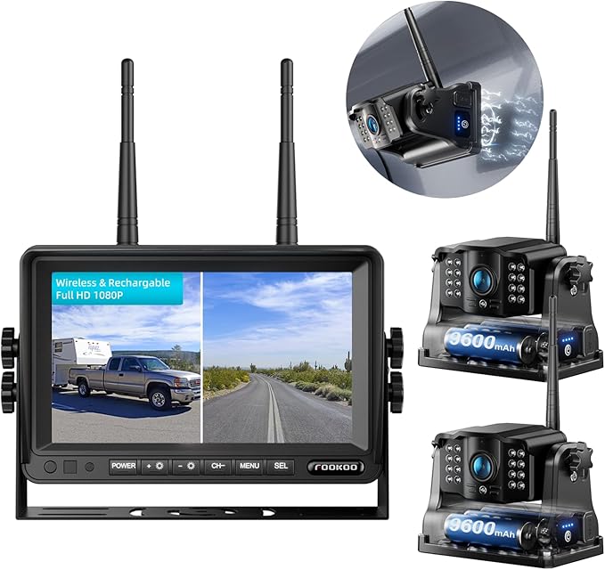 Fookoo HD Magnetic Wireless Backup Camera, 1080P 7" Dual Split Monitor & Rechargeable Rear View Cameras, Lower Consumption 1-Min Installation No Drilling Recording for RV Trailer Truck Camper DCX702-PurrikoPets