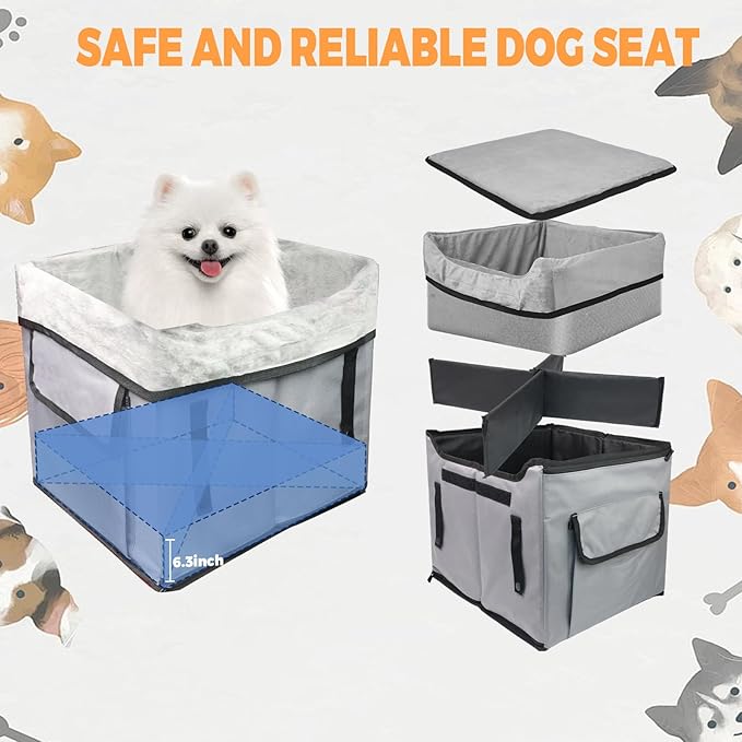 Eunice Small Dog Car Seat, 15.5 in (L) X 14.6 in (W) X 13 in (H) Washable Detachable and Portable Dog Booster Car Seat with Clip-on Safety Leash, Puppy Car Seats Storable Bottom Layer - Up to 25 lbs-PurrikoPets