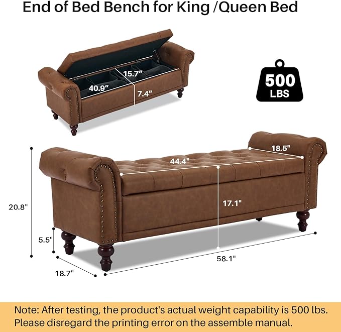 58.1'' Storage Bench Upholstered PU Leather End of Bedroom Bed Bench Ottoman with Tufted Cushioned Rolled Arm Large Storage Space for Reading Living Room Entryway, Brown-PurrikoPets