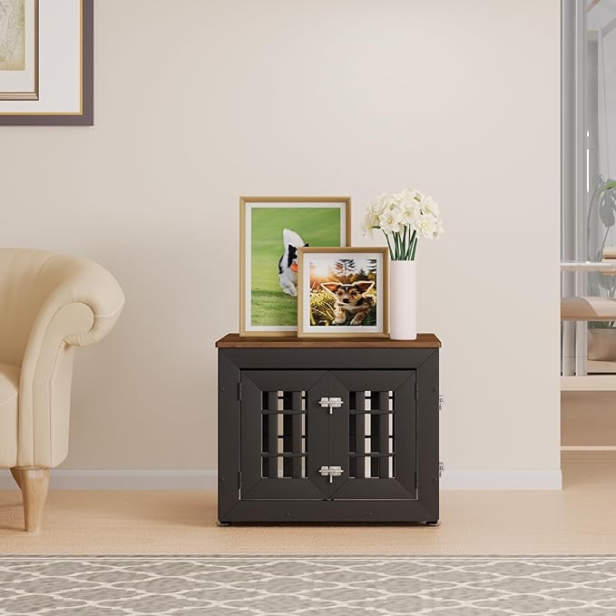 26" Heavy Duty Dog Crate Furniture for Small,Medium and Large Dogs,Rustic Wooden Dog Cage Kennel Indoor Furniture with Waterproof Top,Decorative Pet House Side End Table (Black & Wood)-PurrikoPets