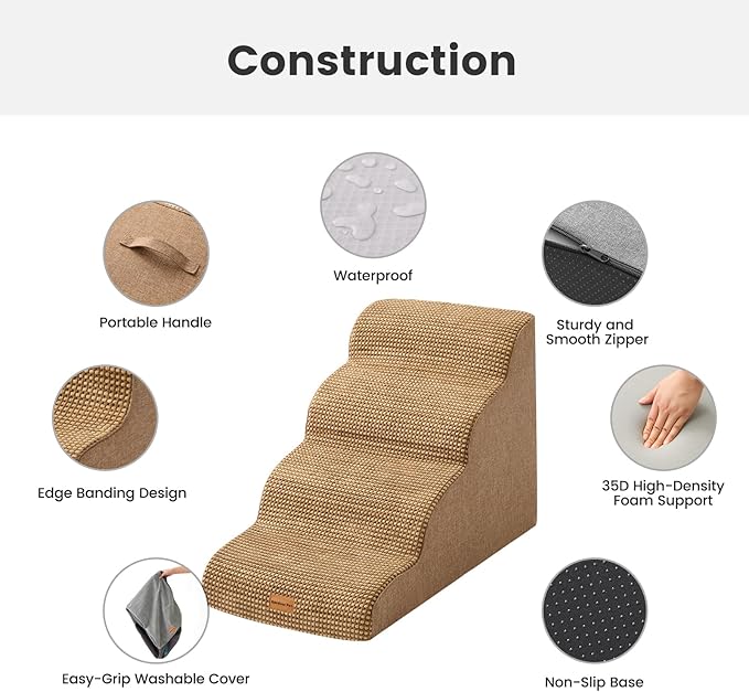 Gardner Pet Dog Stairs for Small Dogs 19.7" H, 4-Step Brown Curved Pet Stairs, Dog Steps for High Bed (18-24 in), Couch with Durable Non-Slip Waterproof Fabric Cover and CertiPUR-US Certified Foam-PurrikoPets