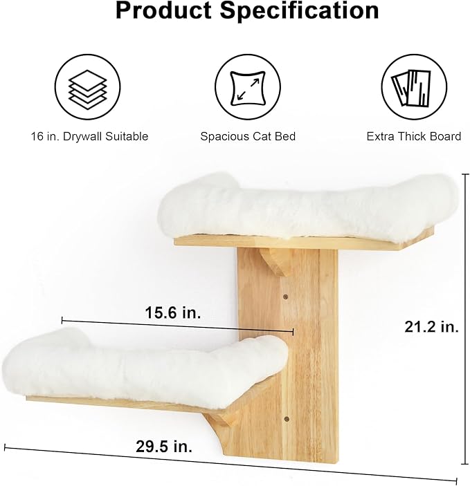 FUKUMARU Cat Wall Shelves, 2 Platform Cats Walls Furniture, Tree Shape Kitten Floating Shelf with Soft Cushion Perch, Solid Rubber Wood for 16 Inch Drywall, Suitable for Climb, Play, Nap-PurrikoPets