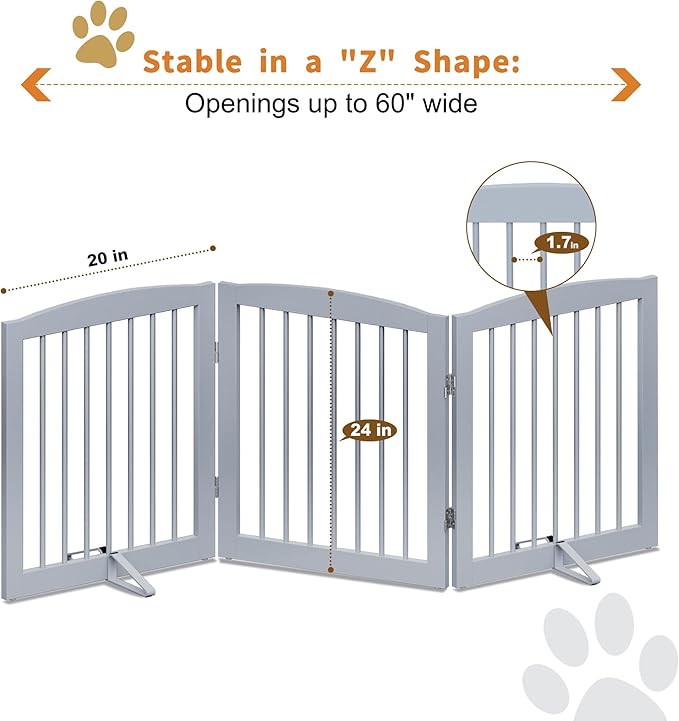 Freestanding Pet Gate for Dogs, Foldable Wooden Dog Gate for House, Indoor Dog Gate for Doorways, Stairs, Gates for Dogs Indoor, Support Feet Included, 24" Height 3 Panels, Grey-PurrikoPets