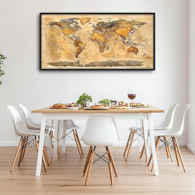 Extra Large World Map Framed Wall Art for Living Room,Oversized Vintage Map of The World Pictures Wall Decor,Canvas Print Painting Modern Artwork Bedroom Office Bathroom 60L" x 30W"-PurrikoPets