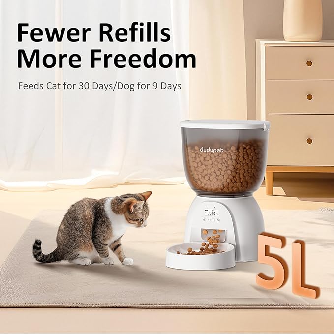 5L/21 Cup Automatic Cat Feeder, Timed Cat Food Dispenser, Automatic Pet Feeders Up to 6 Meals 1-20 Portion, Dual Power Supply Cats Feeder with Stainless Steel, Pet Dry Food Dispenser for Cats & Puppy-PurrikoPets