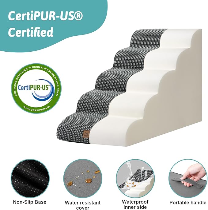Dog Stairs for High Bed 22.6" H, Small Dog Step for Puppy, Older or Cat, Curved Ramp for Car, Ladder with High Density Foam, Lightweight, Durable, 15.7x33x22.6 inch, 5 Step, Dark Grey-PurrikoPets