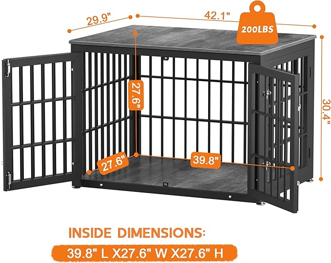 42 Inch Heavy Duty Dog Crate Furniture for Large and Medium Dogs, Decorative Pet House End Table, Wooden Cage Kennel Furniture Indoor, Gray-PurrikoPets