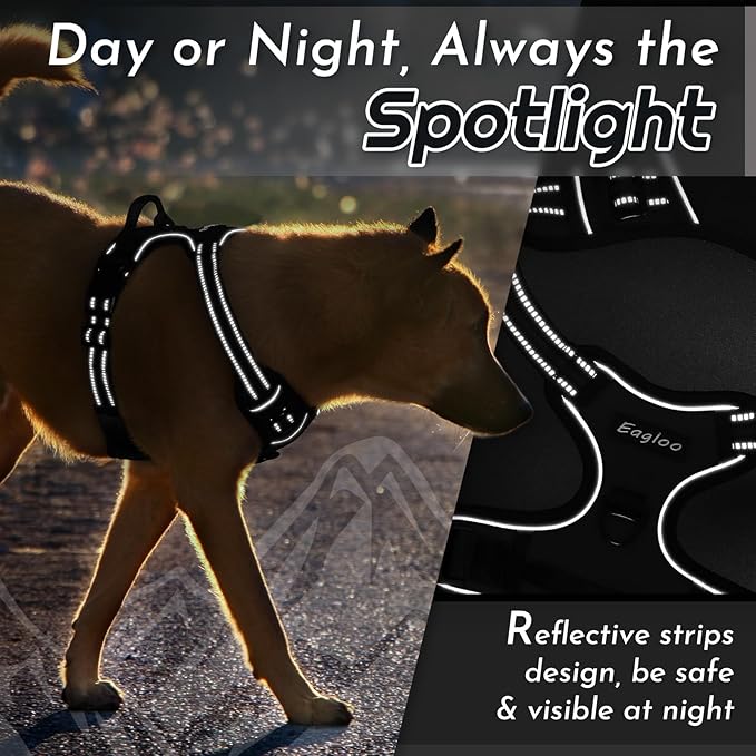 Eagloo Dog Harness Small Sized Dog, No Pull Service Vest with Reflective Strips and Control Handle, Adjustable and Comfortable for Easy Walking, No Choke Pet Harness with 2 Metal Rings, Black, S-PurrikoPets