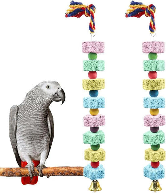 2 Pack Mineral Block Chew Toys with Colorful Beads and a Bell, Bird Beak Grinding Stone, Cage Accessories for African Grey, Budgies, Cockatiels, Small to Medium Birds-PurrikoPets