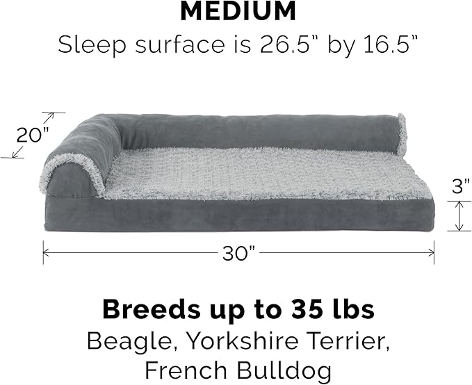 Furhaven Cooling Gel Dog Bed for Medium/Small Dogs w/ Removable Bolsters & Washable Cover, For Dogs Up to 35 lbs - Two-Tone Plush Faux Fur & Suede L Shaped Chaise - Stone Gray, Medium-PurrikoPets