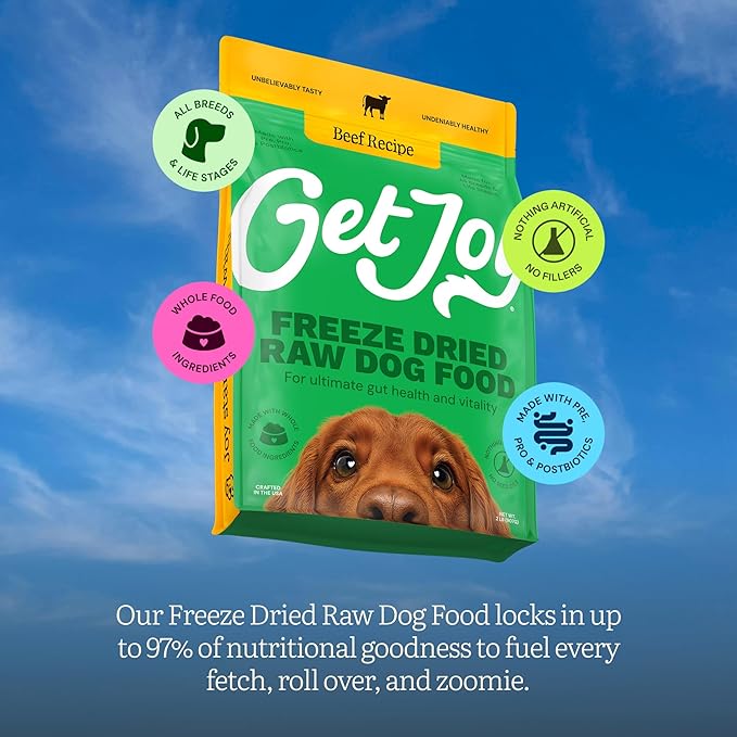 Get Joy Gut Health Fresh Freeze Dried Raw Meal, Beef Recipe, 16 Ounce Bag, Dog Food for Dogs of All Breeds and Life Stages, PhD Animal Nutritionist Formulated, USDA Beef, Made in USA-PurrikoPets