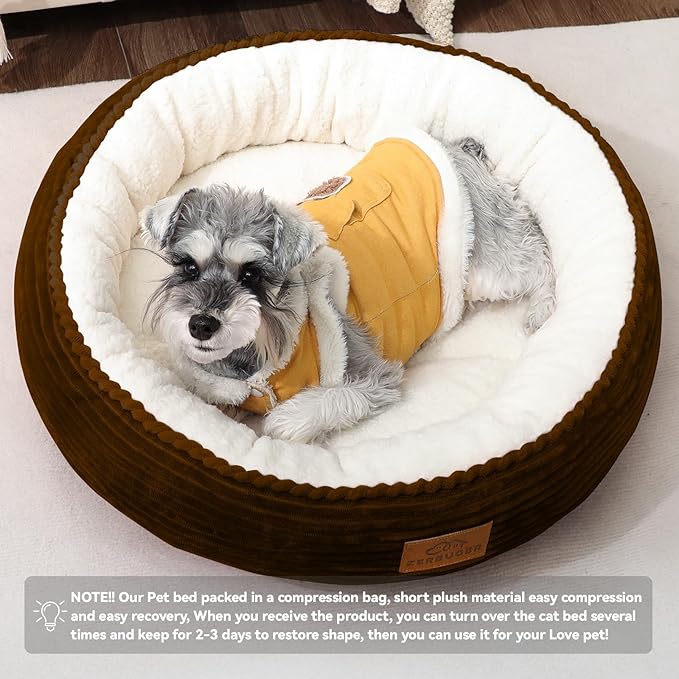 23in Round Cat Dog Bed for Large Medium Small Dogs Cats, Machine Washable Sleeping Sofa, Non-Slip Bottom Breathable Soft Calming Pet Cuddler for Indoor/Outdoor/Car/Cage, Brown-PurrikoPets