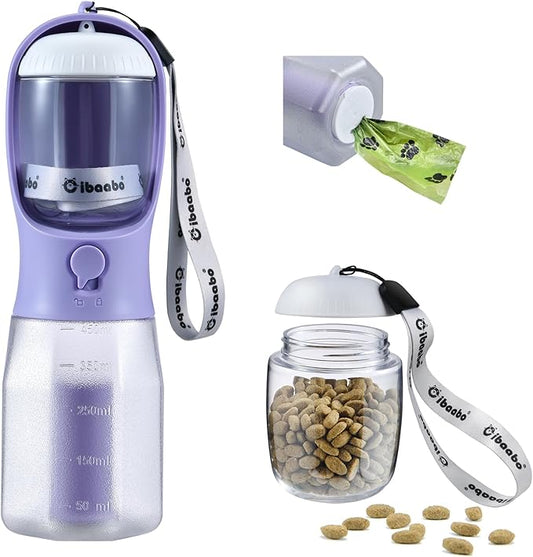 Dog Water Bottle with Food Container & Poop Bag Holder, Travel Water Bowl, Portable Pet Dispenser, Dog Stuff Accessories Items, Puppy Essentials Necessities for Yorkie Chihuahua Walking Hiking-PurrikoPets