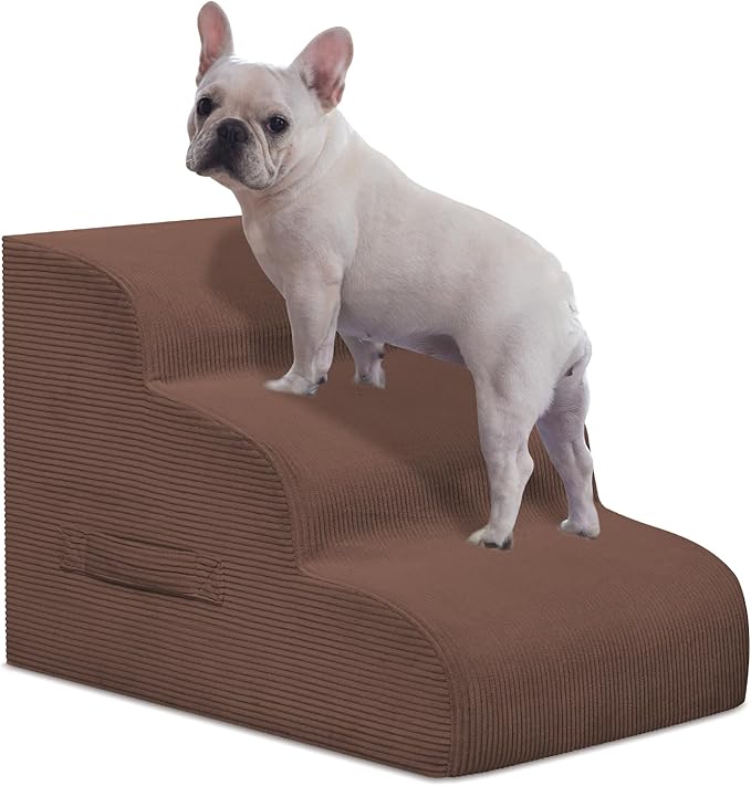 Dog Steps for Small Dogs, 3-Step Pet Ramp Stairs for High Beds and Sofa, Non-Slip Pet Stairs for Small Dogs and Cats, Removable and Easy to Clean Cover, Coffee-PurrikoPets