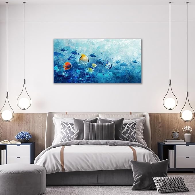 Extra Large Wall Art Tropical Fish Canvas Living Room Pictures Framed Prints Ocean Blue Oversize Wall Decor Animal Painting Artwork for Bedroom Dining Office Home 60"x30"-PurrikoPets