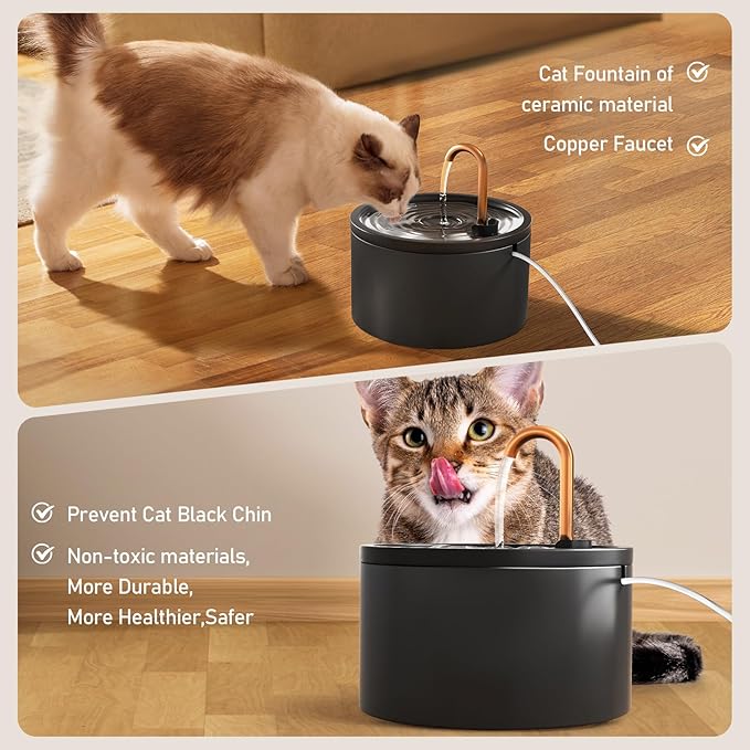DOOOB Ceramic Cat Water Fountain, 2.1L/71oz Ceramic Cat Fountain, Automatic Ceramic Water Fountain for Cats, Pet Water Fountain with Ultra-Quiet Pump and 3 Filters & 3 Sponges (Black)-PurrikoPets