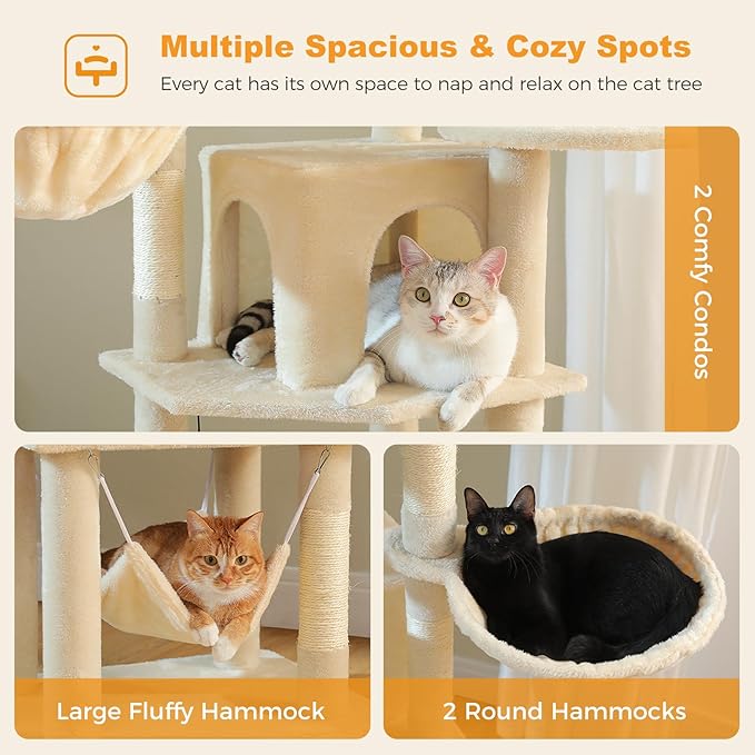 71.2" Tall Cat Tree for Indoor Cats - 9-Level Multi-Cat Tower w/5 Sisal Scratching Posts, 2 Condos, 3 Hammocks, Perch & Pom Poms - Heavy-Duty for Adult Cats, Space-Saving Plush Beige-PurrikoPets
