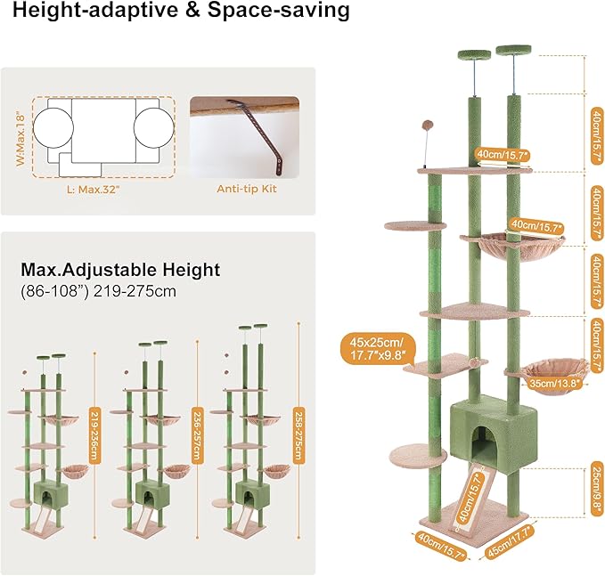 Floor to Ceiling Cat Tree Tall Cat Tower with Adjustable Height (81.8-108 Inches) with Fully Scratching Post Private Condo and Hammock for Indoor Cats (Green, Triple Dule Posts)-PurrikoPets