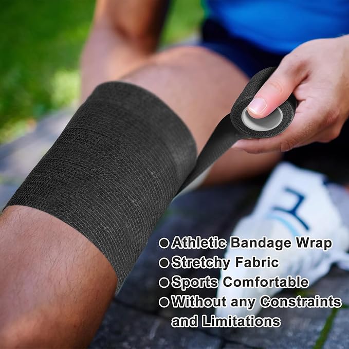 24 Pack Self Adhesive Bandage Wrap, 4” x 5 Yards Cohesive Medical Tape Elastic Grip Tape Black Sports Tape Athletic for Ankle, Wrist Sprains, Pet First Aid (Black, 4 Inch)-PurrikoPets