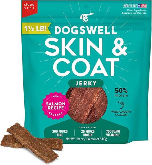 DOGSWELL Jerky Treats for Dogs, Skin and Coat Salmon Recipe 18 oz., 29235-PurrikoPets
