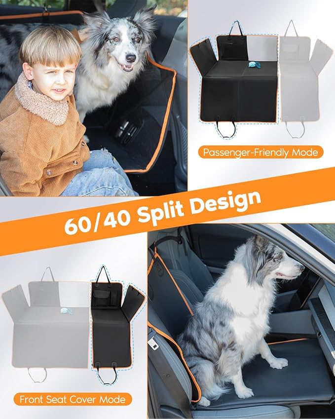 6-in-1 Leather Dog BackSeat Extender, Hard Bottom 40/60 Split Waterproof Car Back/Front Seat Cover, Rear Hammock Carseat Protector, Large Size Pet Mat for SUV/Truck/Cargo, Vehicle Bed Travel Accessory-PurrikoPets