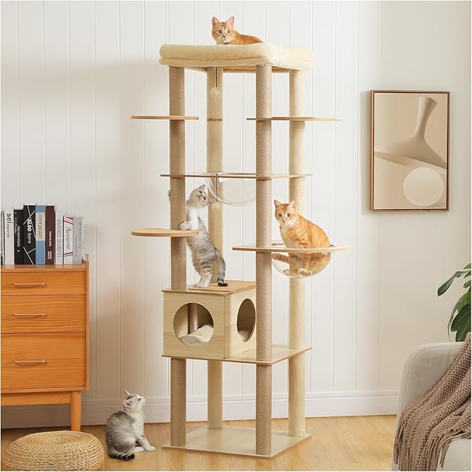 71" Tall Wood Cat Tree for Large Cats, Modern Cat Tower with 2 Acrylic Bowls, Large Top Perch, Spacious Cat Cave (Soft Cushion Included), 10 Sisal Scratching Posts and Non-Slip Jump Platforms-PurrikoPets