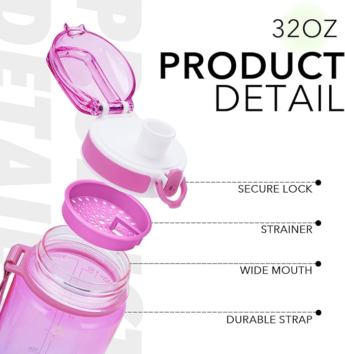 32oz Motivational Water Bottles with Time Marker & Fruit Strainer, Transparent Gradient Color Water Bottle with Times to Drink, Leakproof & BPA Free, Reusable Bottle with Strap (No Straw)-PurrikoPets