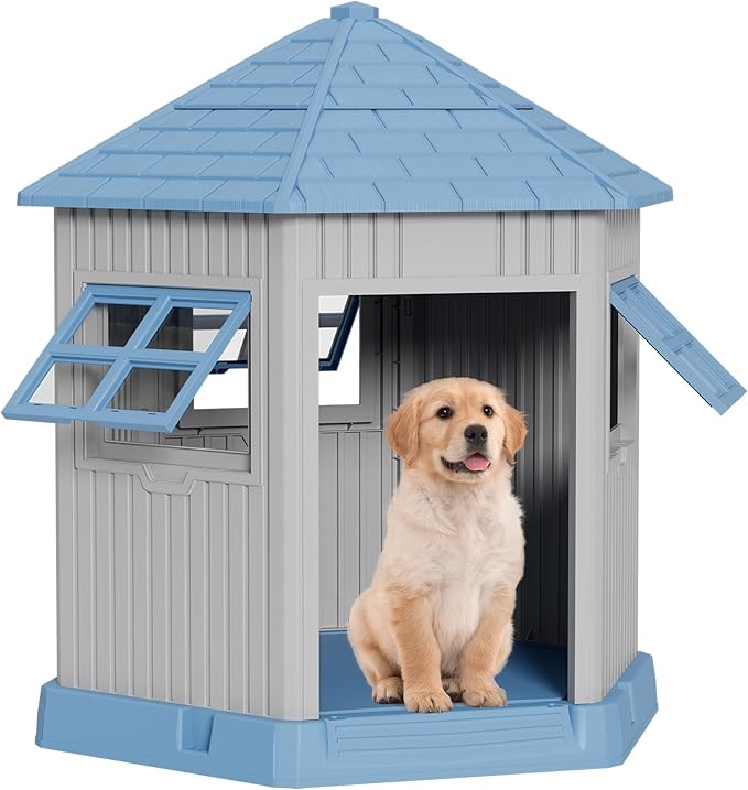 Durable Dog House Indoor Outdoor for Small Medium Dogs, Weatherproof Puppy Shelter with Elevated Floor & Air Vents, Easy Clean and Assemble (Blue, 36.61L*29.5W*37.4H)-PurrikoPets
