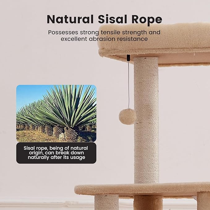 Gardner Pet 65in Heavy Duty Cat Tree Tower for Large Cats, Multi-Level Cat Furniture with Replaceable Sisal Scratching Post, Hammock | Extra-Large Platform & Condo (Beige)-PurrikoPets
