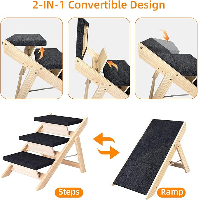 Dog Stairs/Ramp for Bed, Wooden Convertible Pet Steps, Portable Dog Ladder Up to 180 Pound for Elderly/Short-Legged Dogs, 3 Steps for Beds, Couch, Cars-PurrikoPets