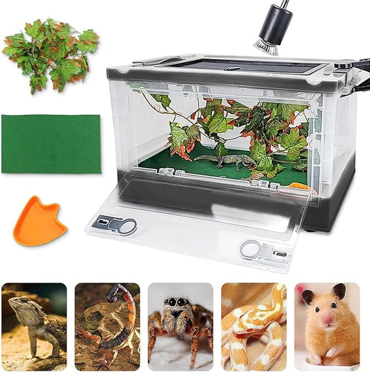 Foldable Reptile Terrariums Kits with Plant, Feeding Bowl, Carpet, Easy to Carry, Easy to Move with Wheels, Heat-Resistant Material, Suitable for Lizard Tortoise Leopard Gecko (Black)-PurrikoPets